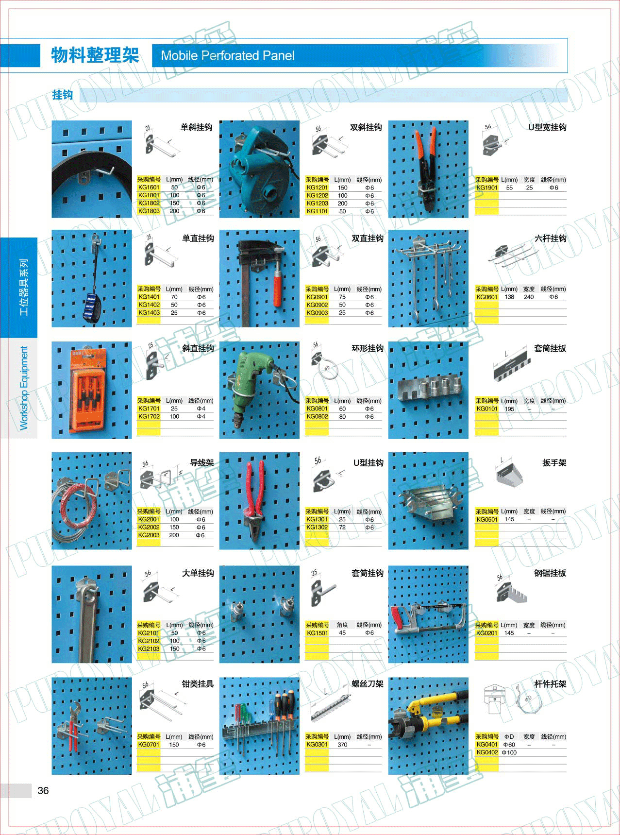 单斜挂钩，KG1601,KG1801,1802,1803,双斜挂钩，KG1201，KG1202，KG1203，KG1101，U型宽挂钩，KG1901，单直挂钩，KG1401，KG1402，KG1403，双直挂钩，KG0901，KG0902，KG0903，六杆挂钩，KG0601，斜直挂钩，KG1701，KG1702，环形挂钩,KG0801，KG0802，套筒挂板，KG0101，导线架，KG2001，KG2002，KG2003，U型挂钩，KG1301，KG1302，扳手架，KG0501，大单挂钩，KG2101，KG2102，KG2103，套筒挂钩，KG1501，钢锯挂板，KG0201，钳类挂具，KG0701，螺丝刀架，KG0301，杆架托架，KG0401，KG0402