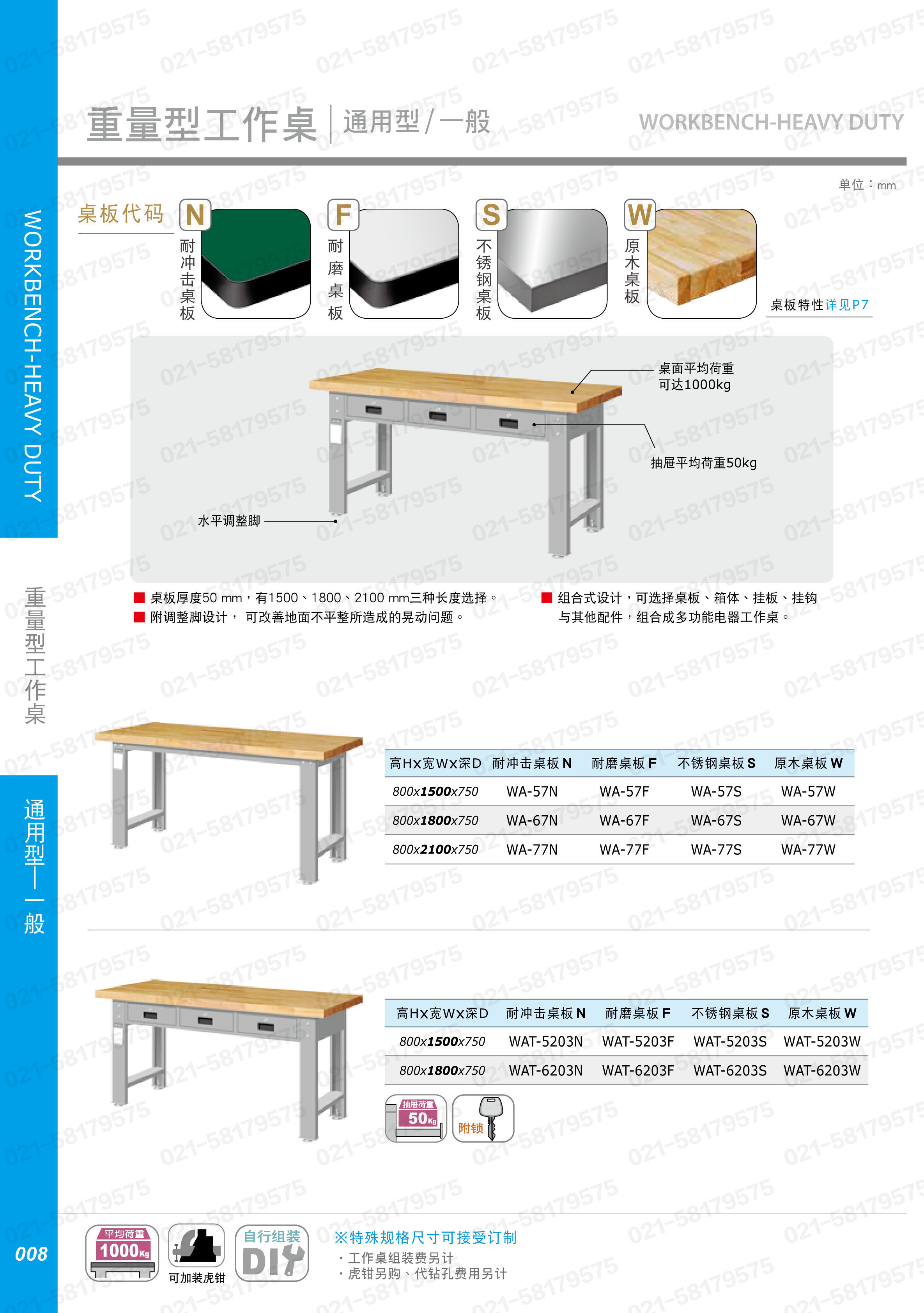 重型工作桌1800×750×800mm平均承重1吨不锈钢桌板 4个抽屉边柜,WAS-67042S,3M0892