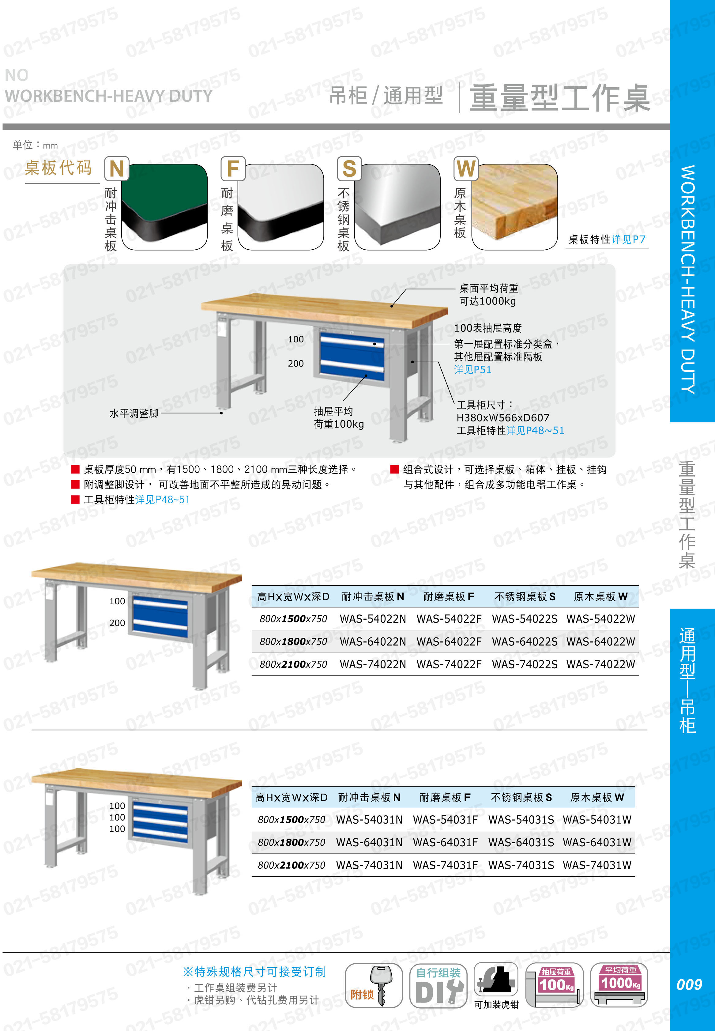 重型工作桌1500×750×800mm平均承重1吨耐磨桌板 4个抽屉边柜,WAS-57042F,3M0887