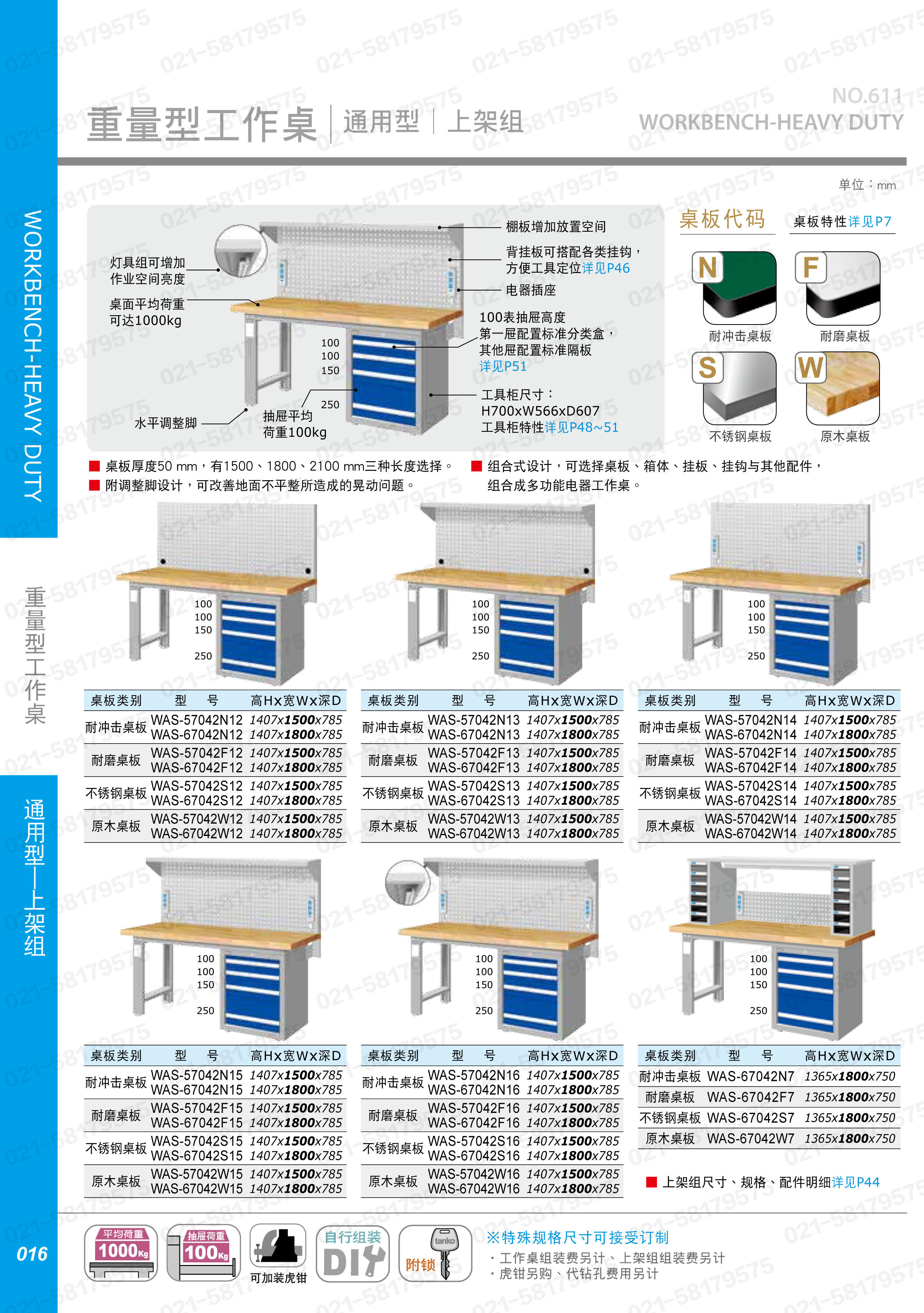 重型工作桌1500×750×800mm平均承重1吨耐磨桌板 横置3个抽屉,WAT-5203F,3M0879